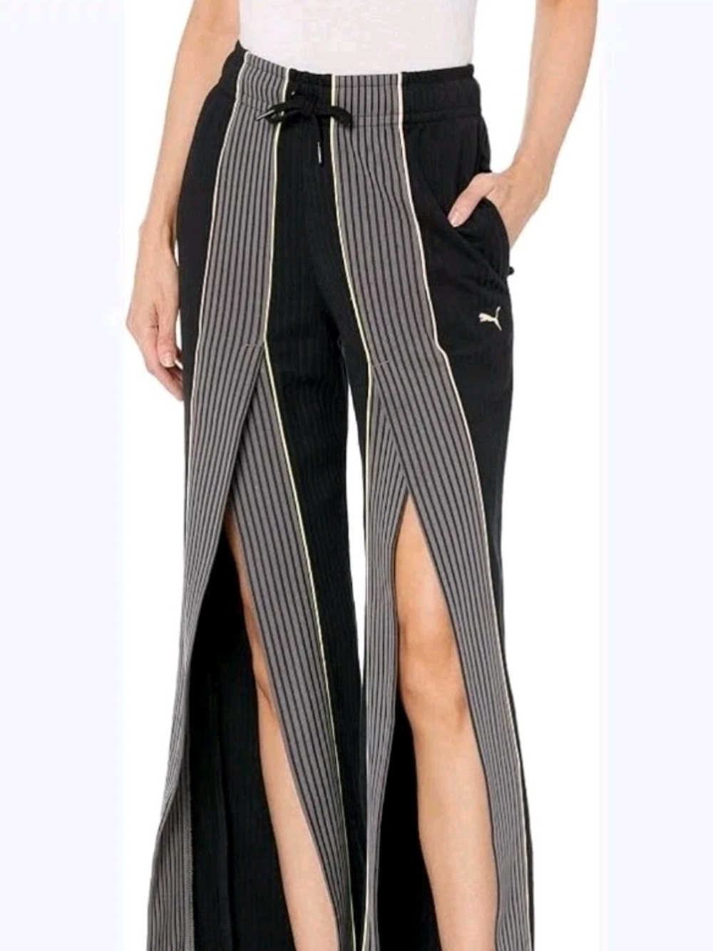 Puma Black Wide-Leg Pants with Gray Pinstripe Panels and Yellow Trim